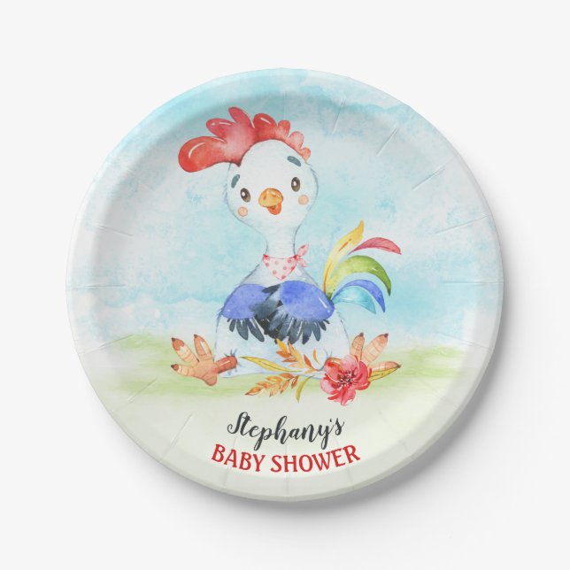 Watercolor Rooster Baby Shower Farm Paper Plates (Front)