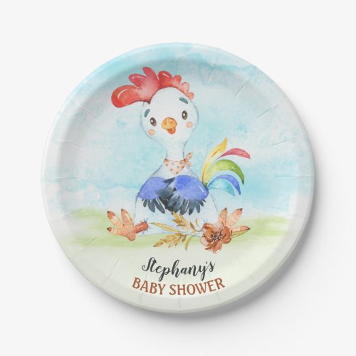 Watercolor Rooster Baby Shower Farm Paper Plates