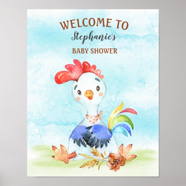 Watercolor Rooster Baby Shower Farm Poster (Front)