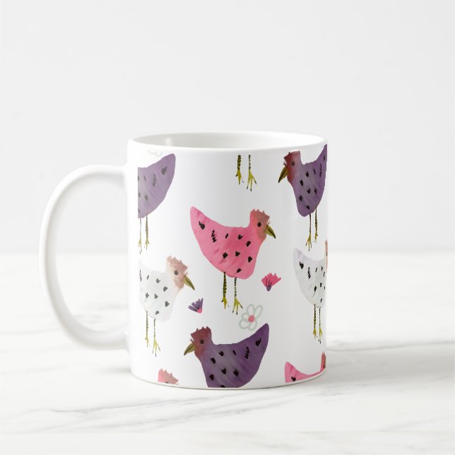 Watercolor Rooster Pink Purple Floral Pattern   Coffee Mug (Left)