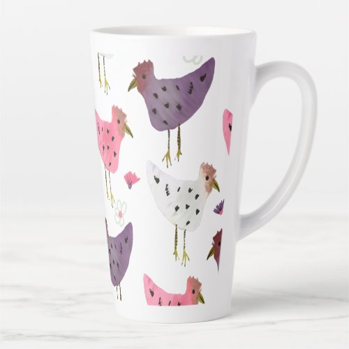 Watercolor Rooster Pink Purple Floral Pattern   Latte Mug