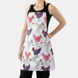 Watercolor Rooster Pink Purple Hen Pattern Apron