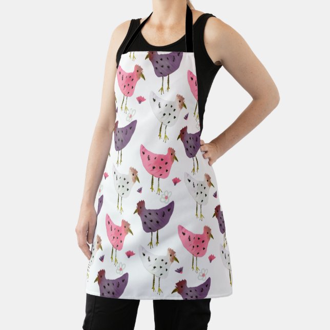 Watercolor Rooster Pink Purple Hen Pattern Apron (Insitu)