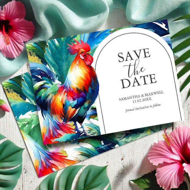 Watercolor Rooster Save The Date Invitation (Save the date invitations destination wedding tropical rooster art by Victoria Grigaliunas)