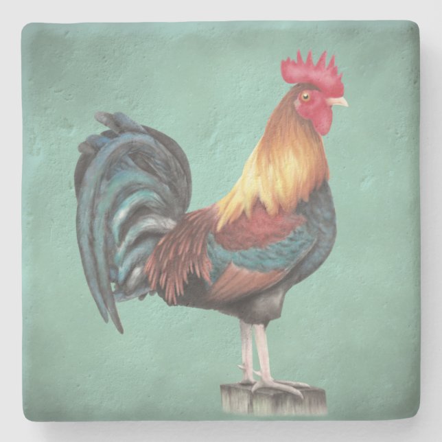Watercolor Rooster Stone Coaster (Front)