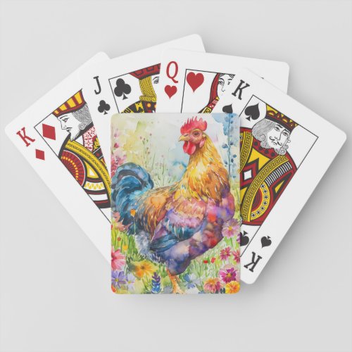 Watercolor Rooster Wildflowers Farm  Playing Cards