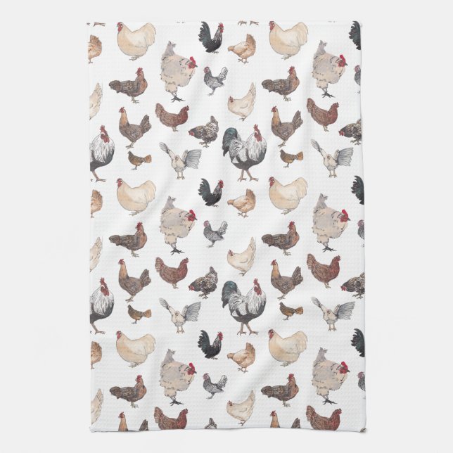 Watercolor Roosters and Hens Kitchen Towel (Vertical)
