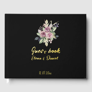 Watercolor  rose black dress wedding elegant foil guest book 