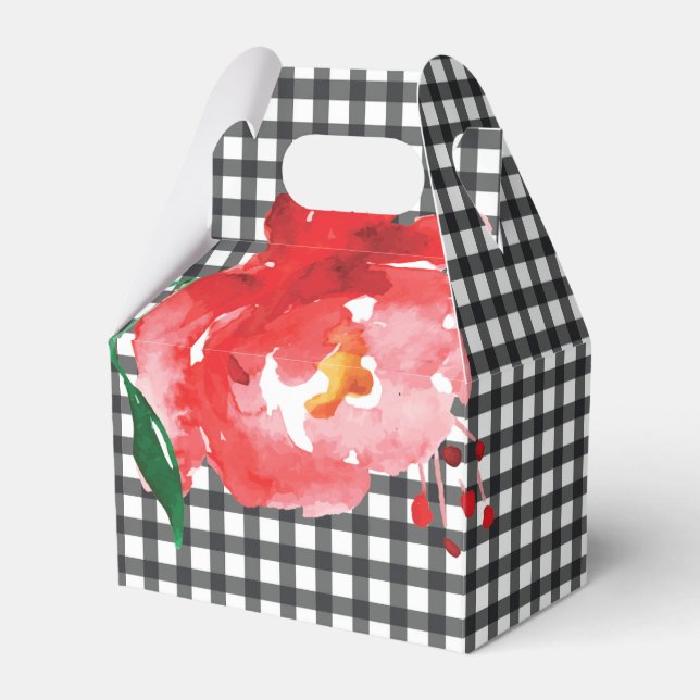 Watercolor Rose Black White Gingham Check Gable Favor Boxes (Front Side)