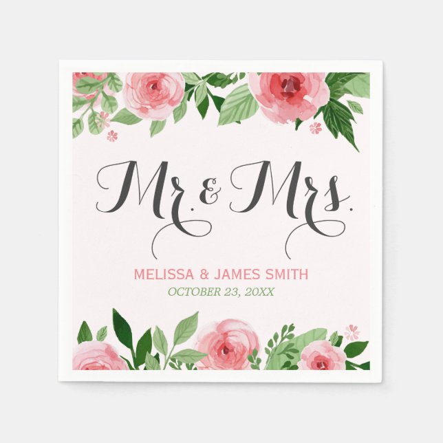 Watercolor Rose Botanical Flowers Wedding Monogram Paper Napkins (Front)