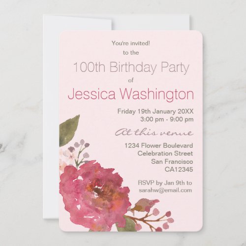 Watercolor Rose Bouquet 100th Birthday Party Invitation - Watercolor Rose Bouquet 100th Birthday Party. This elegant modern design has an asymmetrical diagonal bouquet on the front and contemporary sans serif typography. On the reverse, the bouquet motif is repeated with the number 100 between.