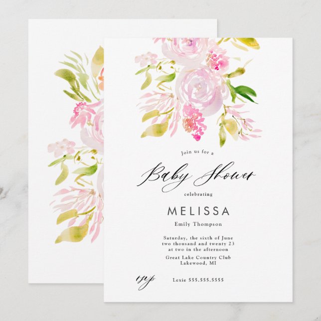 Watercolor Rose bouquet Baby Shower Invitation (Front/Back)