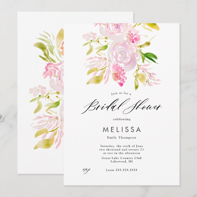 Watercolor Rose bouquet Bridal Shower Invitation (Front/Back)