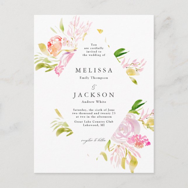 Watercolor Rose Bouquet Diamond Wedding Invitation Postcard (Front)