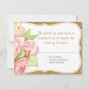 Watercolor Rose Bouquet Gold Blush Pink RSVP Card