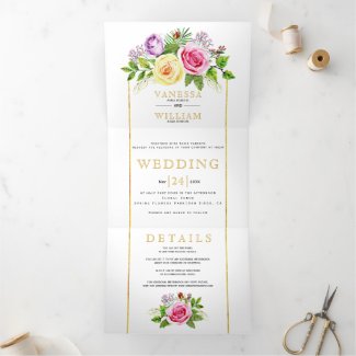 Watercolor rose bouquet gold lines floral wedding Tri-Fold invitation