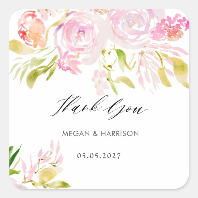 Watercolor rose bouquet Thank You Square Sticker (Front)