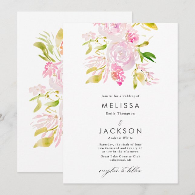 Watercolor Rose bouquet  Wedding Invitation (Front/Back)