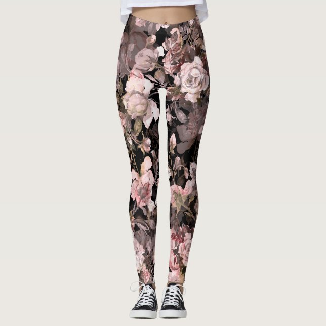 Watercolor Rose Bud Bouquet Pattern Leggings (Front)