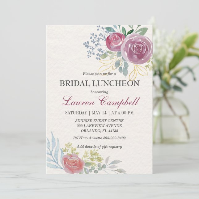 Watercolor Rose Burgundy Greenery Bridal Luncheon Invitation (Standing Front)