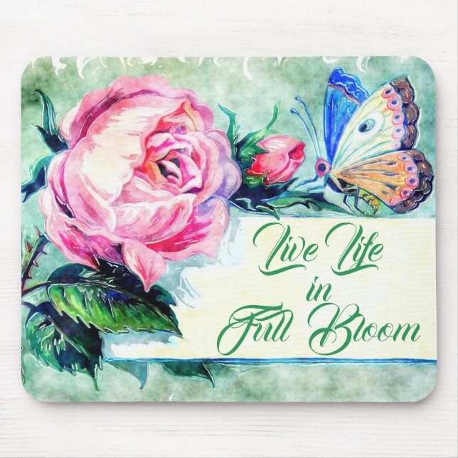 Watercolor Rose & Butterfly Inspirational Quote Mouse Pad (Front)