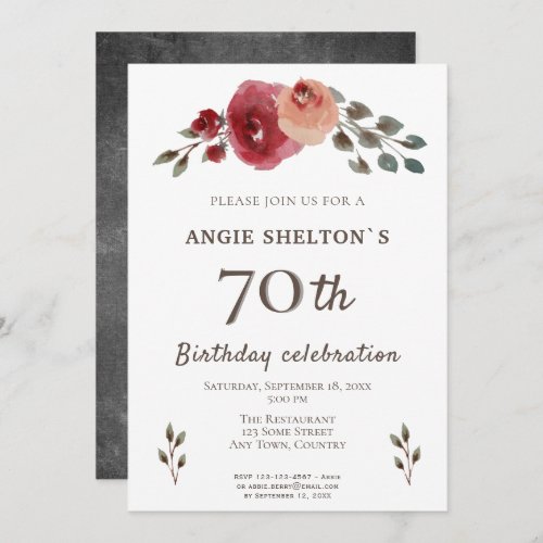 Watercolor Rose Chalkboard Floral 70th Birthday Invitation - Watercolor Rose Chalkboard Floral 70th Birthday Invitation. Invitation with beautiful red watercolor roses. The backside of the card is a trendy chalkboard. Perfect for a woman who is celebrating her seventieth birthday. The text is fully customizable -  personalize it with your name, age, date, location and RSVP.