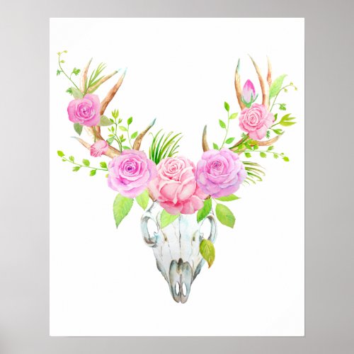 Watercolor Rose Deer Skull Art Print