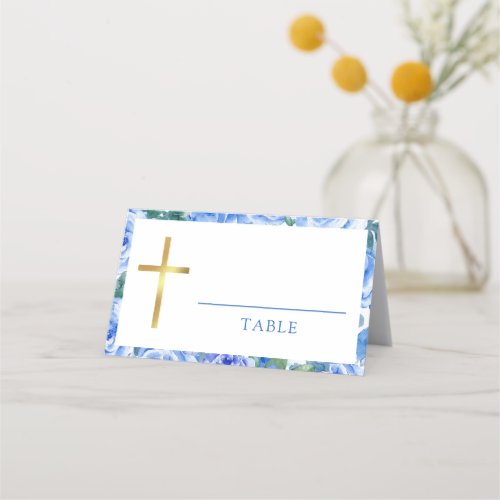 Watercolor Rose Dusty Blue Baptism Boy Place Card