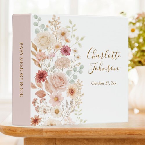 Watercolor Rose Elegant Floral Baby Memory Book 3 Ring Binder