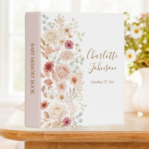 Watercolor Rose Elegant Floral Baby Memory Book Mini Binder