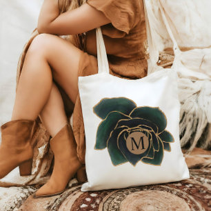 Watercolor Rose Faux Gold And Green Monogram Tote Bag