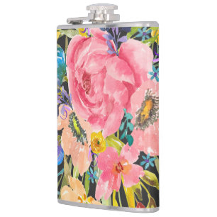 Watercolor Rose Floral Bouquet Flask