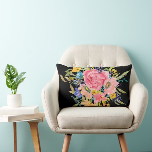 Watercolor Rose Floral Bouquet Lumbar Pillow