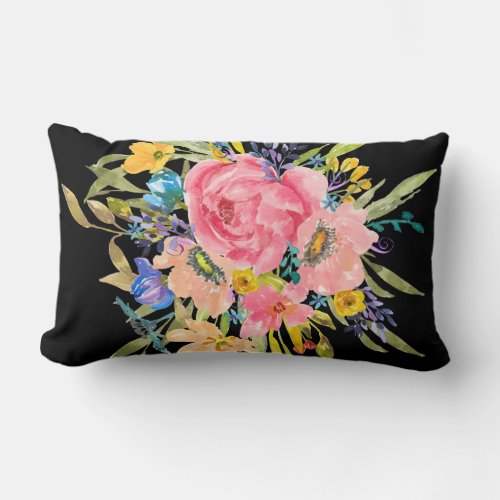 Watercolor Rose Floral Bouquet Lumbar Pillow