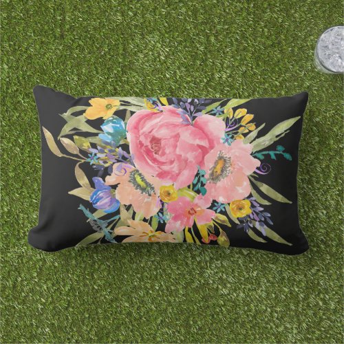 Watercolor Rose Floral Bouquet Lumbar Pillow