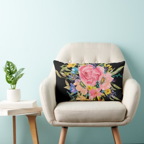 Watercolor Rose Floral Bouquet Lumbar Pillow