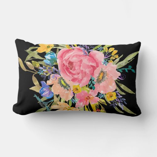 Watercolor Rose Floral Bouquet Lumbar Pillow