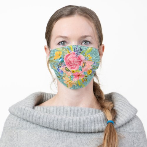 Watercolor Rose Floral Bouquet on Aqua Glitter Adult Cloth Face Mask