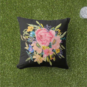 Watercolor Rose Floral Bouquet Outdoor Pillow