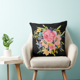 Watercolor Rose Floral Bouquet Throw Pillow