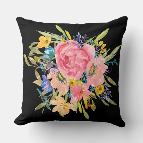 Watercolor Rose Floral Bouquet Throw Pillow