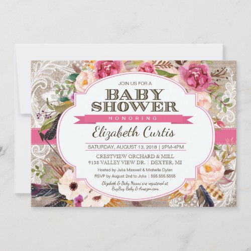 Watercolor Rose Floral  Lace Boho Baby Shower Invitation
