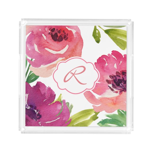 Watercolor Rose Floral Monogram Acrylic Tray (Front)