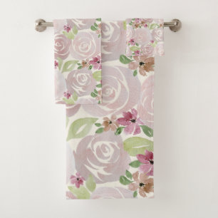 Watercolor rose floral patterned bath towel set