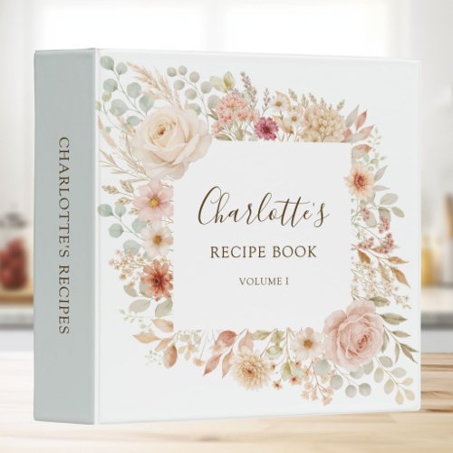 Watercolor Rose Floral Personalized Recipe Book 3 Ring Binder