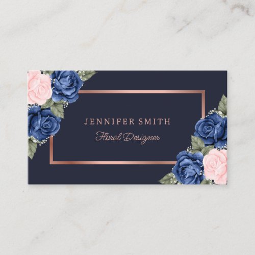 Watercolor Rose Floral Pink Navy Blue Rose Gold Business Card