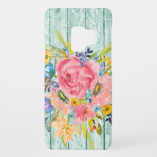 Watercolor Rose Floral Spray on Chipped Aqua Case_Mate Samsung Galaxy S9 Case