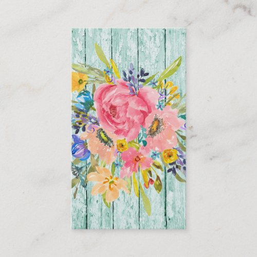 Watercolor Rose Floral Spray on Chippy Aqua Business Card