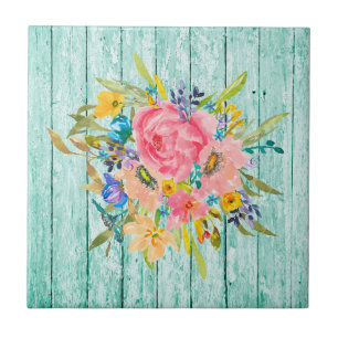 Watercolor Rose Floral Spray on Chippy Aqua Ceramic Tile
