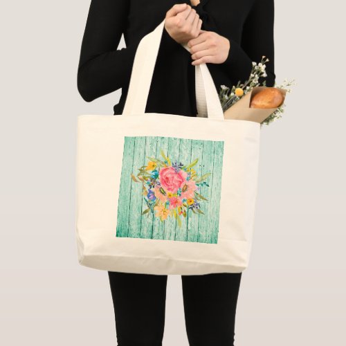 Watercolor Rose Floral Spray on Chippy Aqua Large Tote Bag